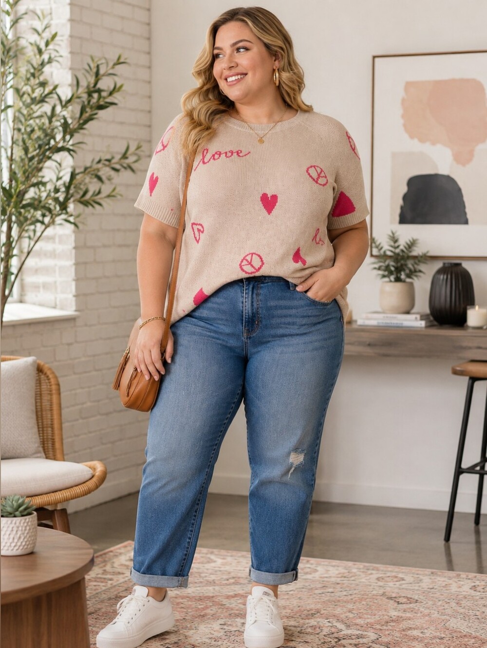 TORRID Vegan Cashmere Love Peace Graphic Print Short Sleeve Sweater Dopamine